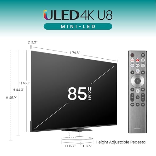 Hisense U8 Series 85U8N 85-Inch ULED 4K Smart TV | Mini-LED Pro | QLED | 3000 Nits | 144Hz | Motion Rate 480 | Dolby Vision IQ · Atmos | Full Array Local Dimming | 2.1.2 Ch Surround Sound | Google TV