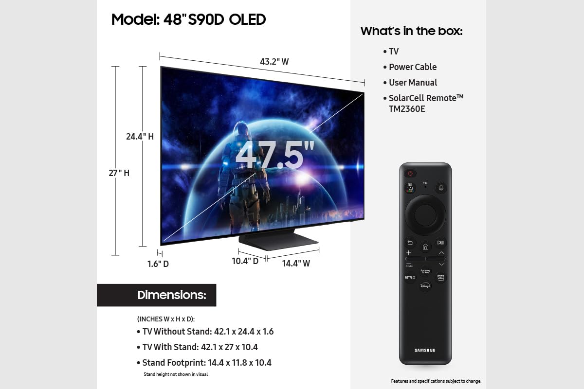 SAMSUNG 48-Inch Class OLED 4K S90D Series HDR Smart TV w/Dolby Atmos, Object Tracking Sound Lite, Motion Xcelerator, Real Depth Enhancer, 4K AI Upscaling, Alexa Built-in (QN48S90D, 2024 Model)