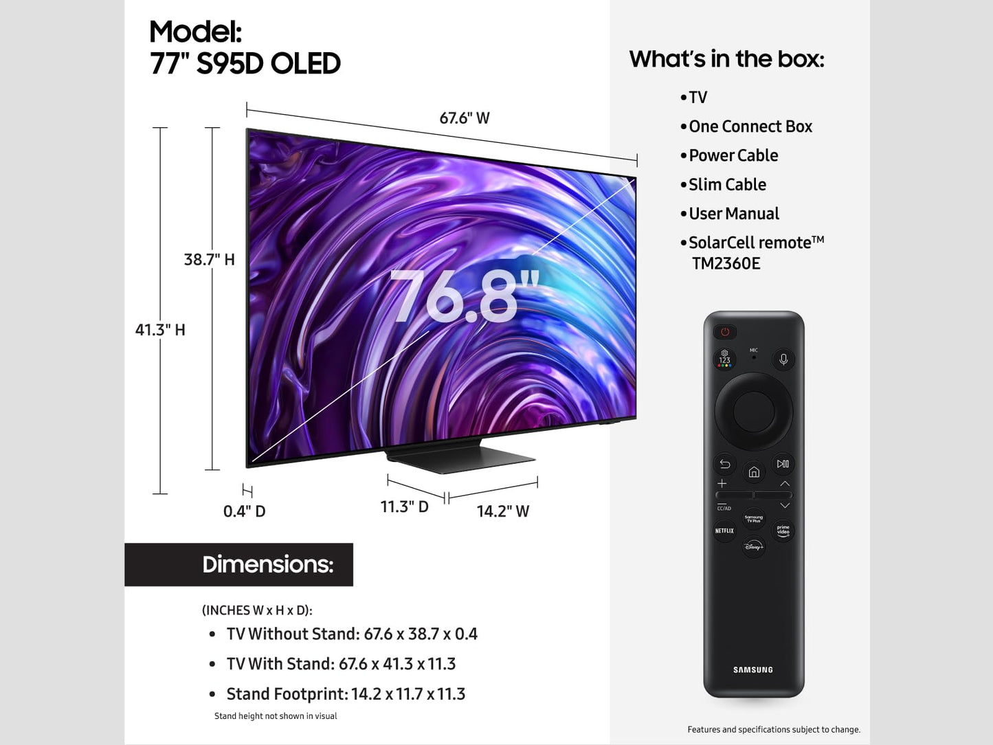 SAMSUNG 77-Inch Class OLED 4K S95D Series HDR Pro Smart TV w/Dolby Atmos, Object Tracking Sound+, Motion Xcelerator, Real Depth Enhancer, 4K AI Upscaling, Alexa Built-in (QN77S95D, 2024 Model)