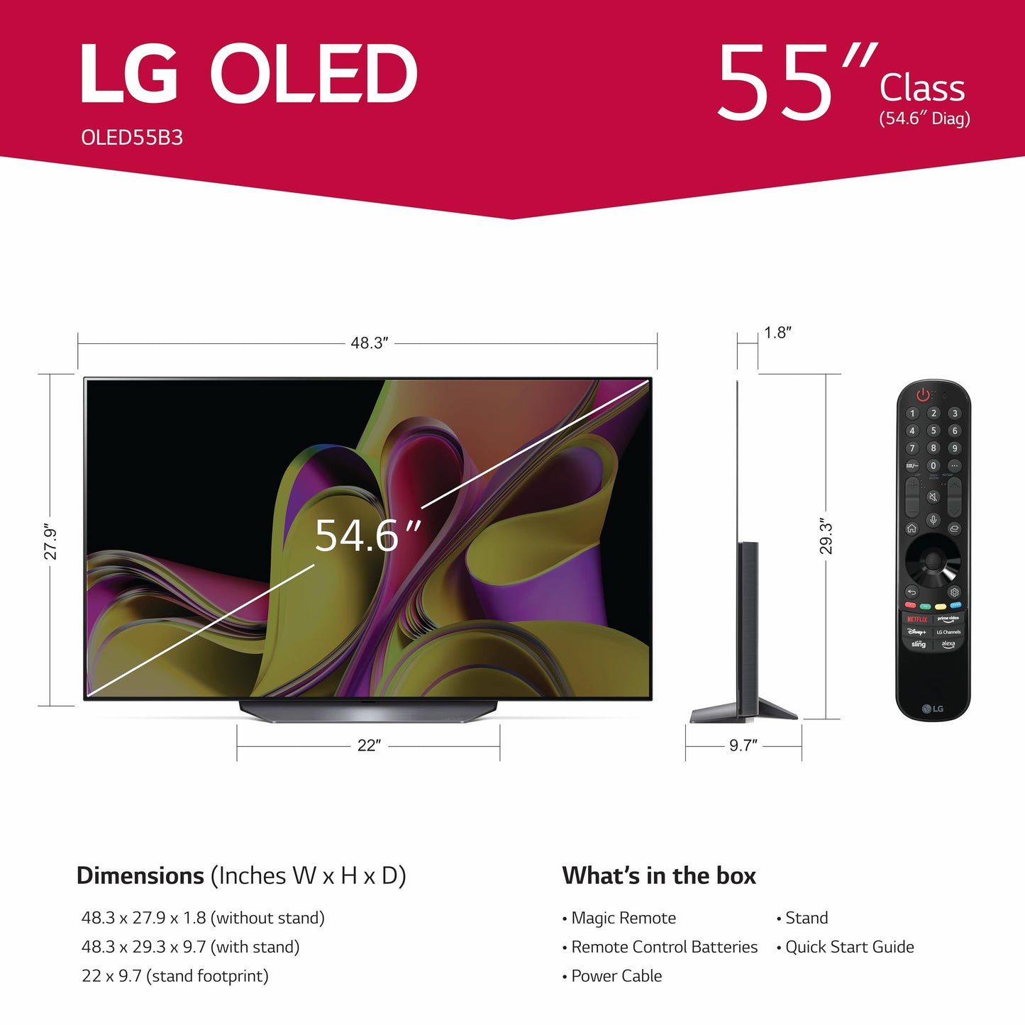 LG B3 Series 55-Inch Class OLED Smart TV OLED55B3PUA, 2023 - AI-Powered 4K TV, Alexa Built-in, Black