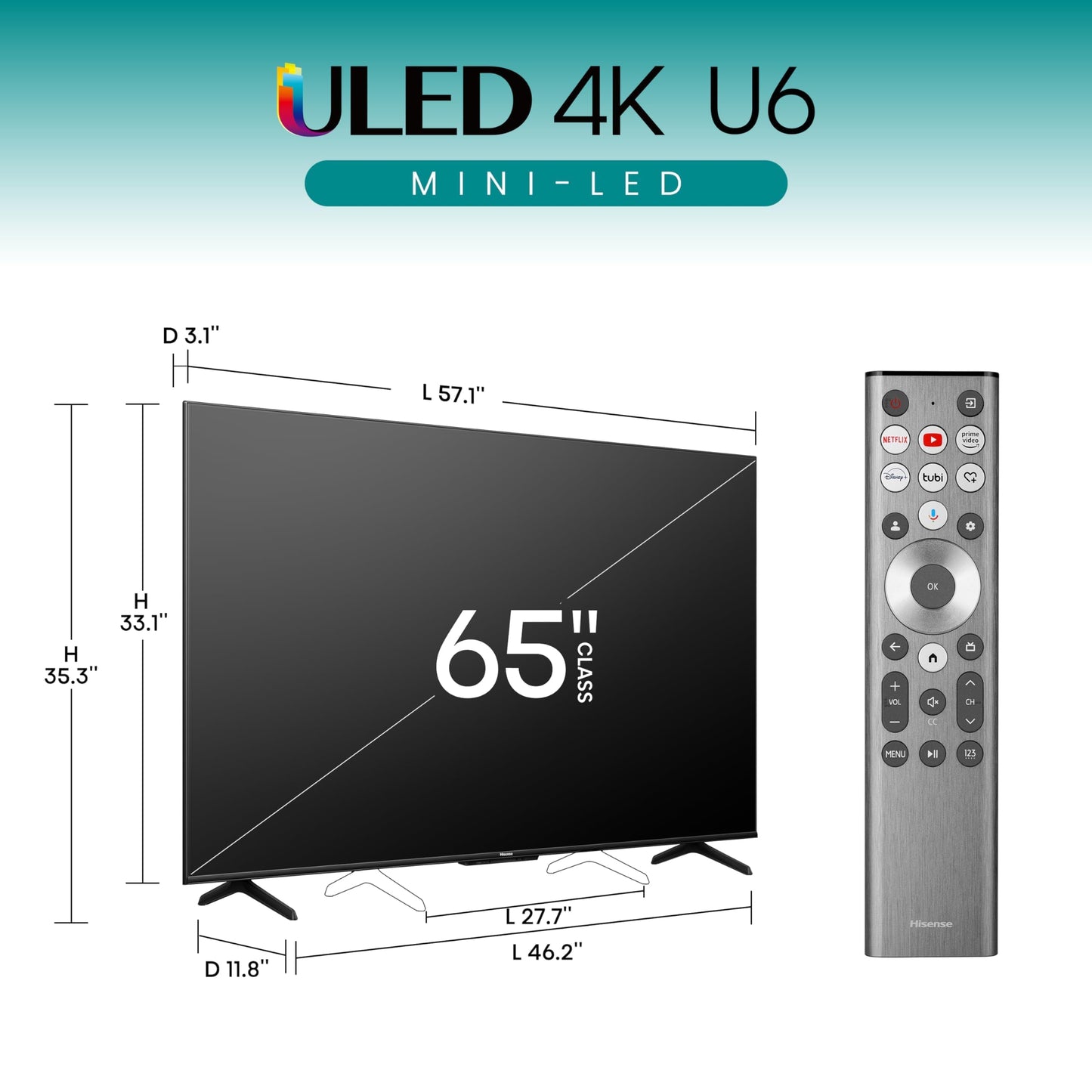 Hisense U6 Series 65U6N 65 Inches ULED 4K Smart TV | Mini-LED | QLED | 600 Nits | Motion Rate 240 | Dolby Vision HDR 10+ | Dolby Atmos | Full Array Local Dimming | Voice Control | Google TV