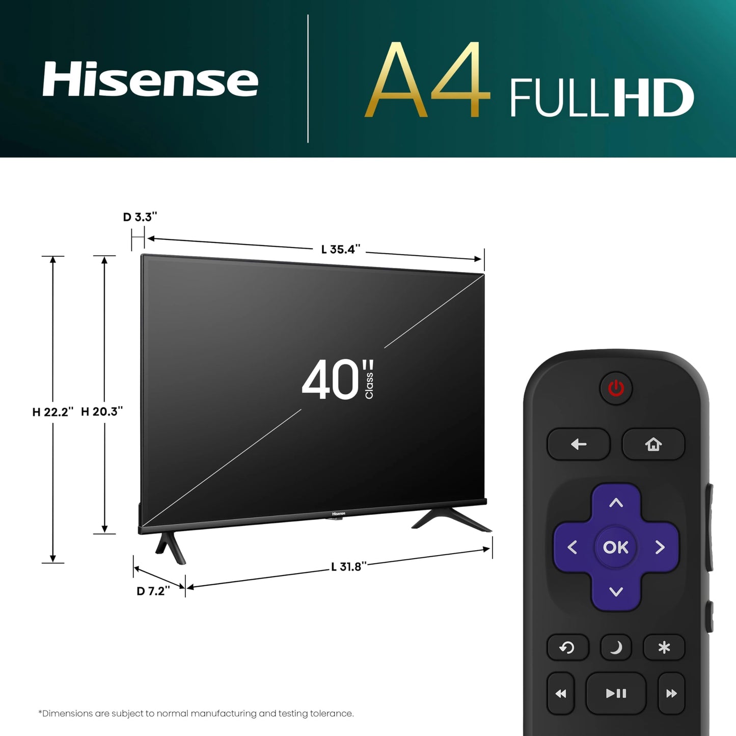 Hisense 40-Inch Class A4 Series FHD 1080p Smart Roku TV with Alexa Compatibility (40A4NR, 2024 Model) - Dolby Audio, Slim Bezel Design, Google Assistant