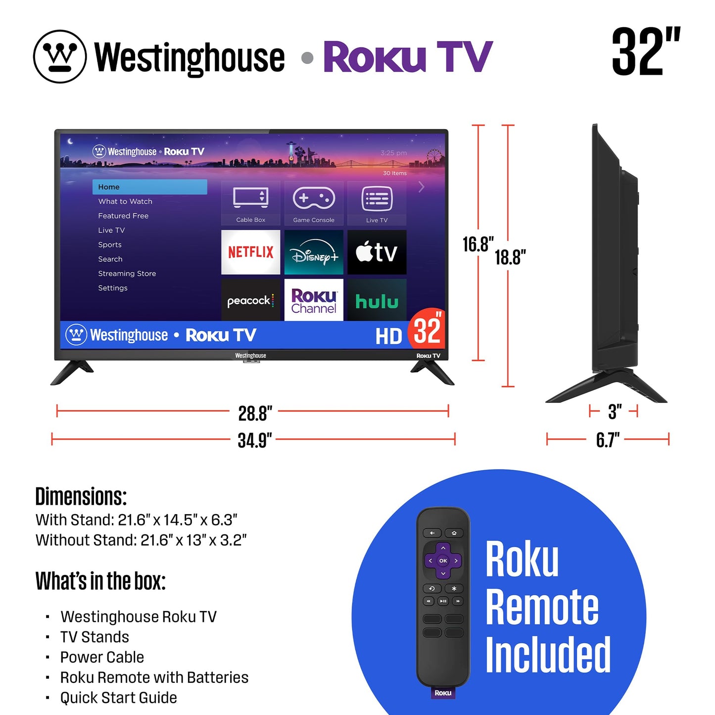 Westinghouse Roku TV - 32 Inch Smart TV, 720P LED HD TV with Wi-Fi Connectivity and Mobile App