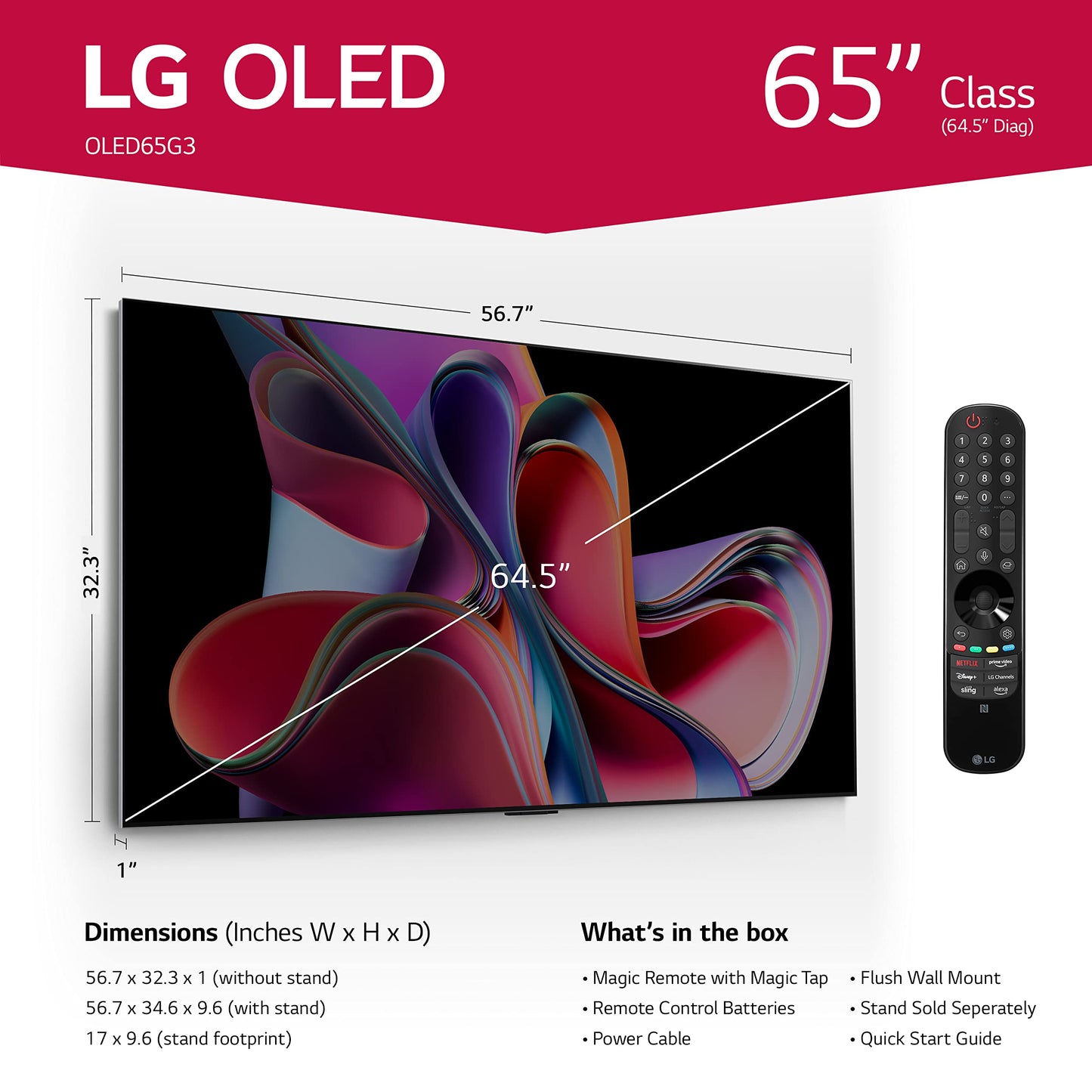 LG G3 Series 65-Inch Class OLED evo 4K Processor Smart Flat Screen TV for Gaming with Magic Remote AI-Powered Gallery Edition OLED65G3PUA, 2023 with Alexa Built-in