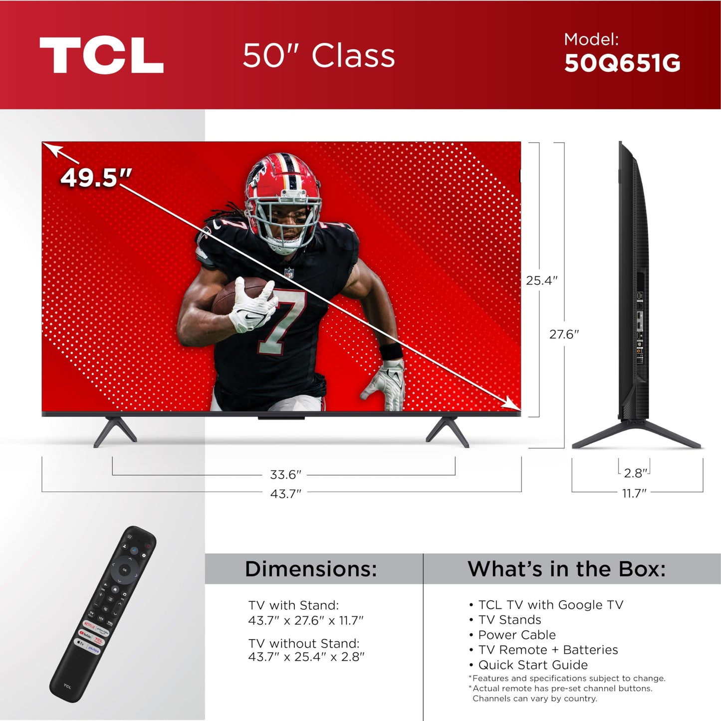 TCL 50-Inch Q65 QLED 4K UHD Smart TV with Google TV (50Q651G, 2024 Model) Dolby Vision, Dolby Atmos, HDR Pro+, Game Accelerator Enhanced Gaming, Voice Remote, Works with Alexa, Streaming Television