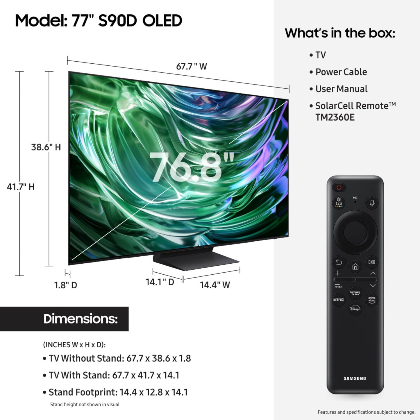 SAMSUNG 77-Inch Class OLED 4K S90D Series HDR+ Smart TV w/Dolby Atmos, Object Tracking Sound Lite, Motion Xcelerator, Real Depth Enhancer, 4K AI Upscaling, Alexa Built-in (QN77S90D, 2024 Model)