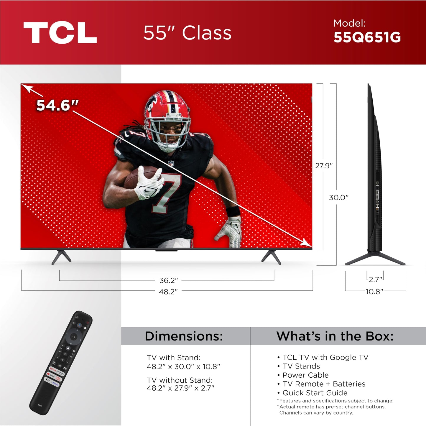 TCL 55-Inch Q65 QLED 4K UHD Smart TV with Google TV (55Q651G, 2024 Model) Dolby Vision, Dolby Atmos, HDR Pro+, Game Accelerator Enhanced Gaming, Voice Remote, Works with Alexa, Streaming Television