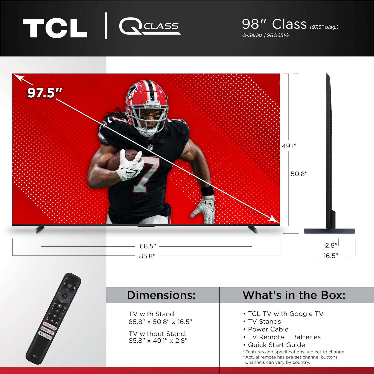 TCL 98-Inch Q65 QLED 4K UHD Smart TV with Google TV (98Q651G, 2024 Model) Dolby Vision, Dolby Atmos, HDR Pro+, Game Accelerator Enhanced Gaming, Voice Remote, Works with Alexa, Streaming Television