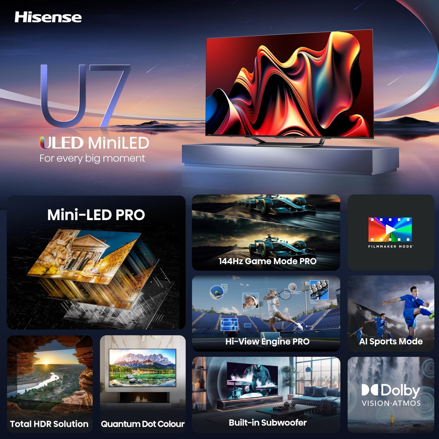 Hisense U7 Series 65U7N 65 Inches ULED 4K Smart TV | Mini-LED | QLED | 1500 Nits | 144Hz | Motion Rate 480 | Dolby Vision HDR 10+ | Dolby Atmos | Full Array Local Dimming | 2.1 Ch Sound | Google TV